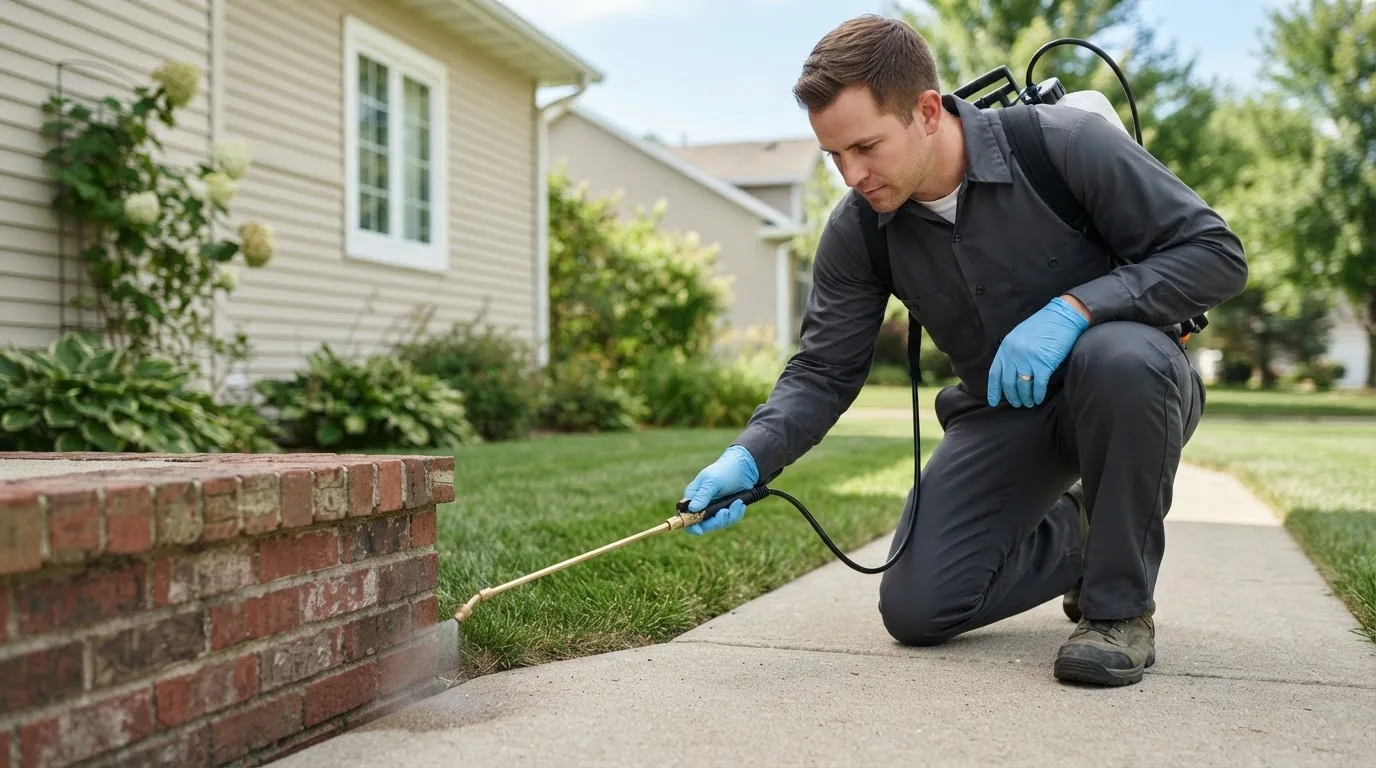 Pest control technician treating a home near Pine Island, MN