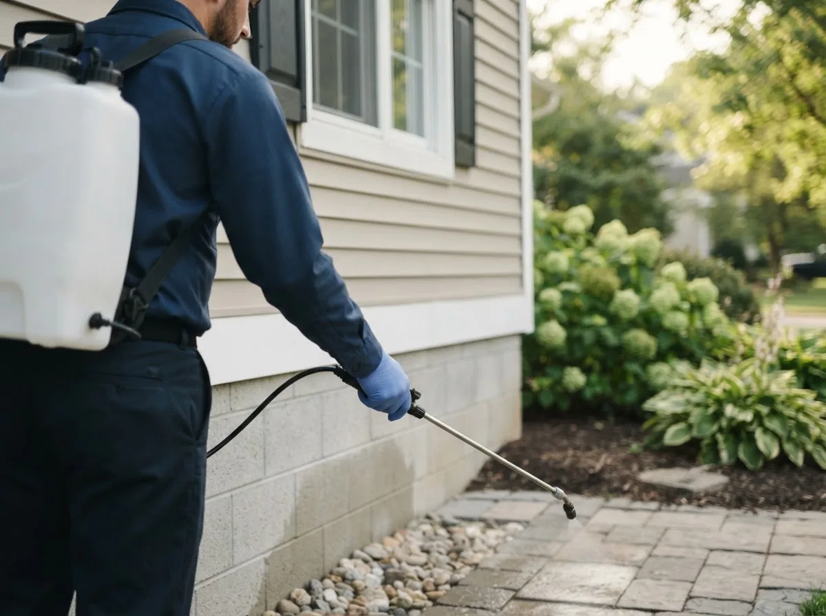 Pest control technician inspecting a home in Pine Island, MN